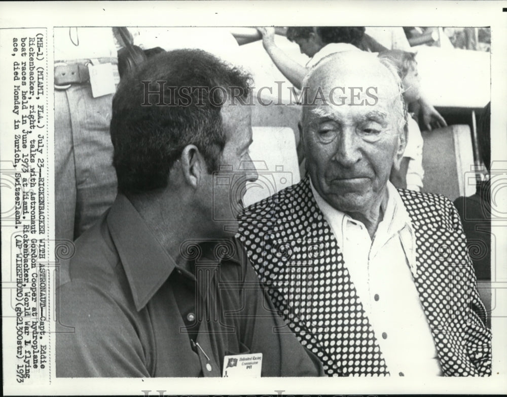 1973 Press Photo Rickenbacker with Astronaut Cooper talks athydroplaneboa traces - Historic Images