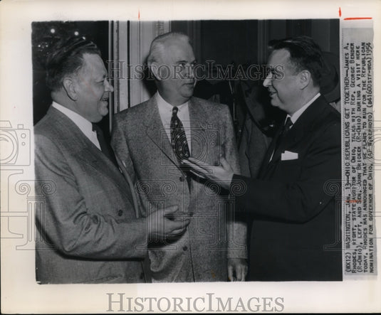 1954 Press Photo James Rhodes talks with Rep George Bender & Sen John Bricker - Historic Images