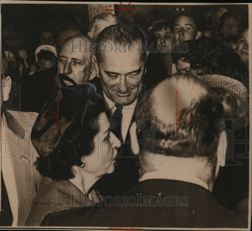 1960 Wire Photo Senator Lyndon B. Johnson stops and listens as his wife - Historic Images