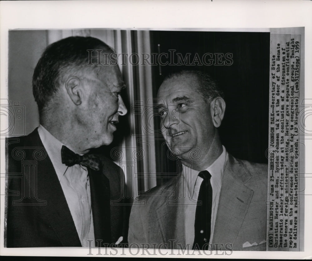 1959 Press Photo Secretary of State Christian Horter and Sen. Lyndon Johnson - Historic Images