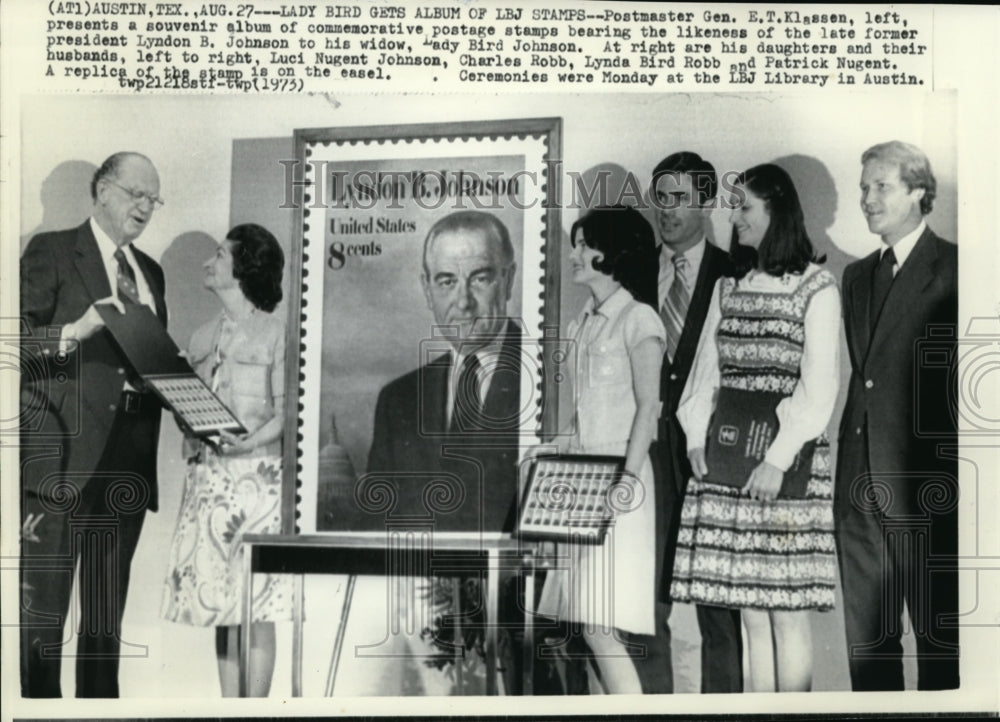 1973 Press Photo Postmaster Gen. E.T Klassen presents a souvenir album of - Historic Images