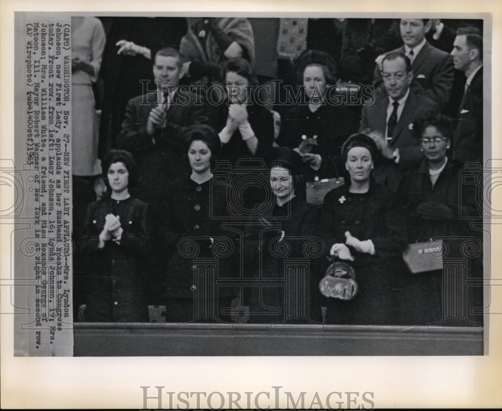1963 Press Photo Mrs Lyndon Johnson applauds as husband speaks to Congress - Historic Images