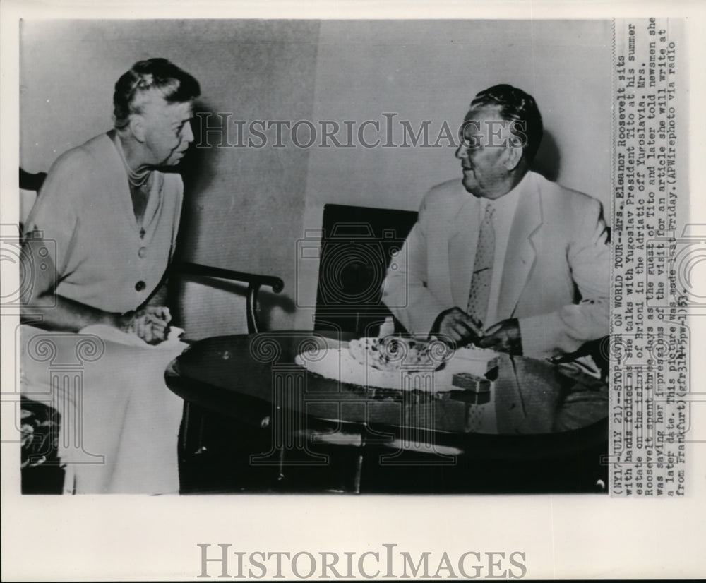 1953 Press Photo Mrs. Eleanor Roosevelt sits with hands folded as she talks - Historic Images