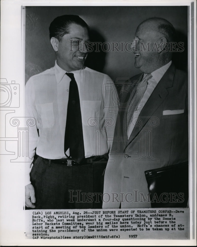 1957 Press Photo Dave Beck and James R. Hoffa Smiles Before a Meeting Start - Historic Images