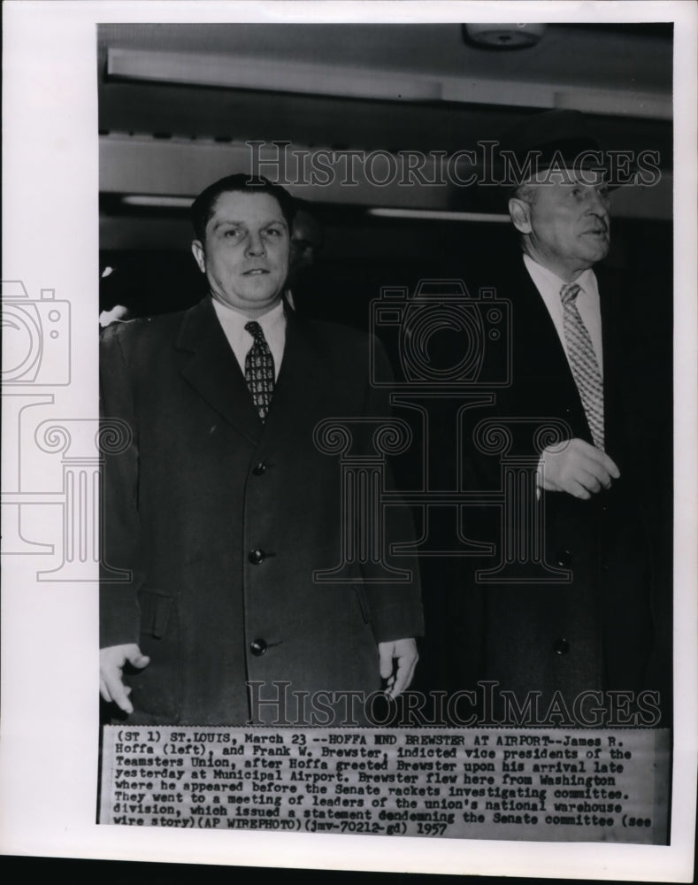 1957 Press Photo James R. Hoffa and F.W.Brewster Arrived at Municipal Airport - Historic Images