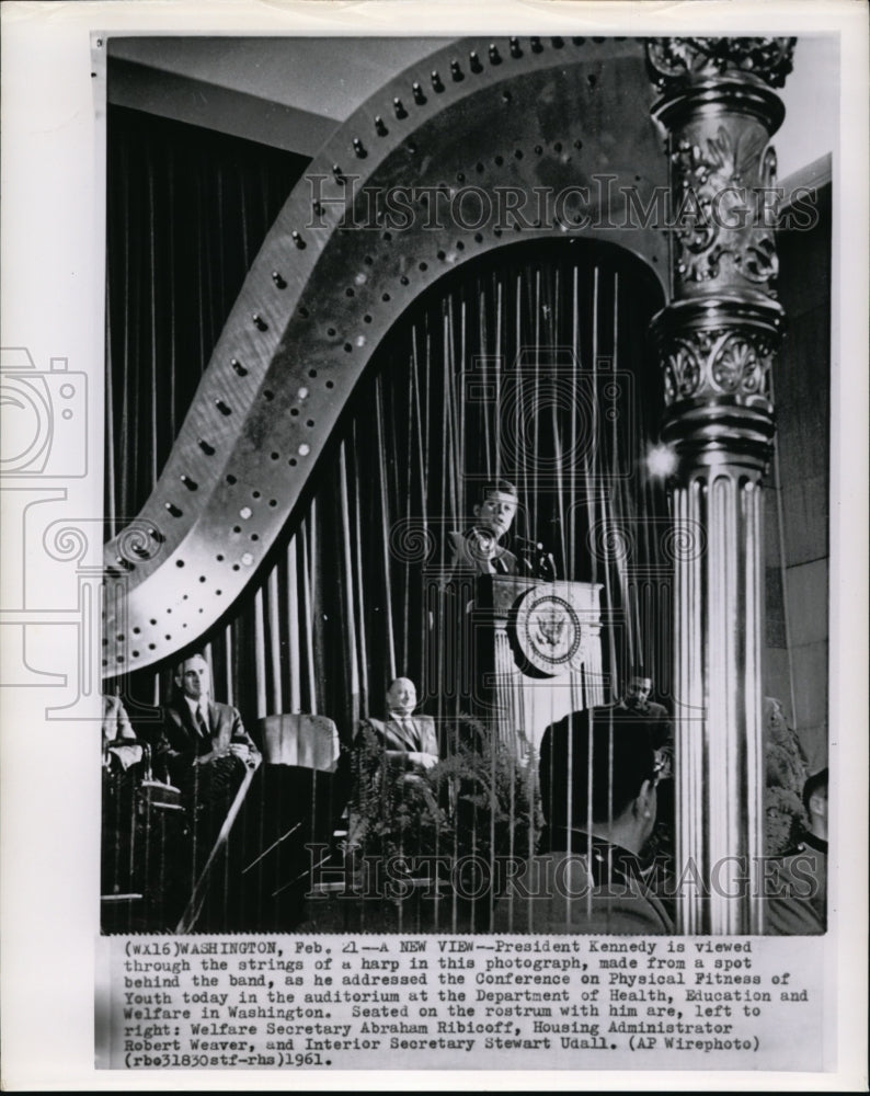 1961 Press Photo Pres.Kennedy Viewed through the Strings of a Harp at Conference - Historic Images