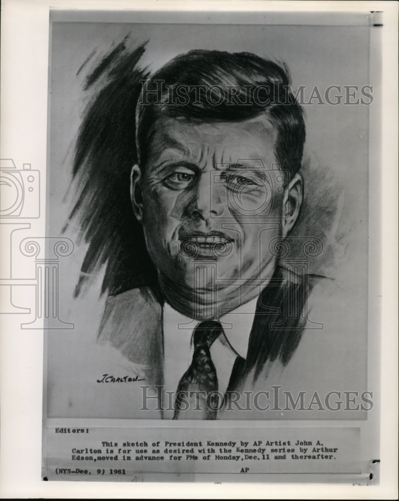 1961 Press Photo Sketch of Kennedy by Carlton used in Kennedy Series by Edson - Historic Images