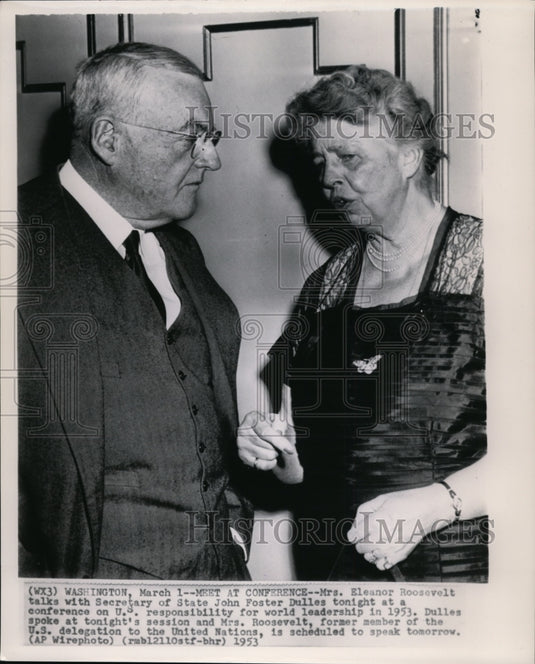 1953 Press Photo Mrs. Roosevelt & Dulles meet at conference - Historic Images