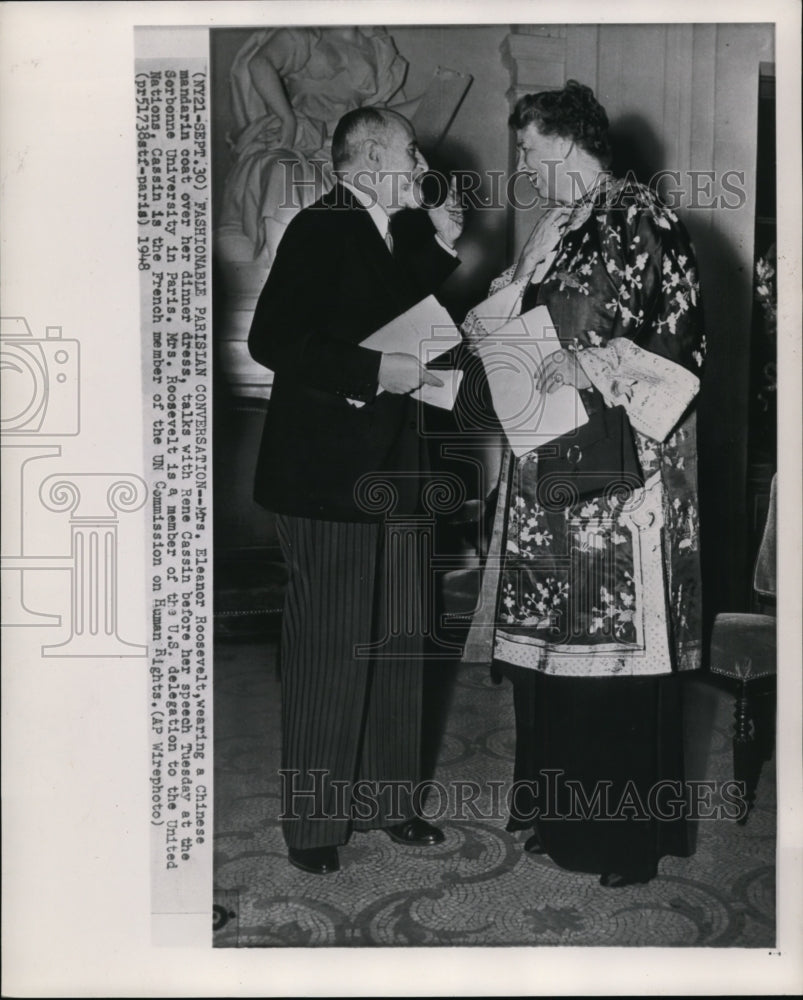 1948 Press Photo Fashionable Mrs.Roosevelt with Cassin in Sorbonne Univ. atParis - Historic Images