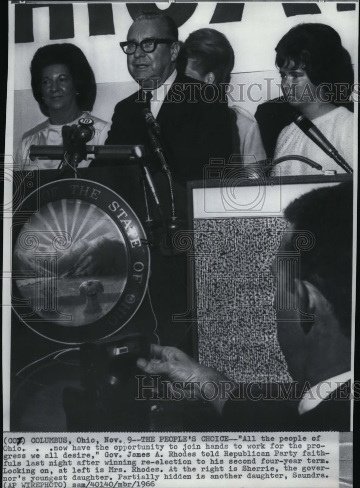 1966 Wire Photo Gov. James A. Rhodes and his family after winning in election. - Historic Images