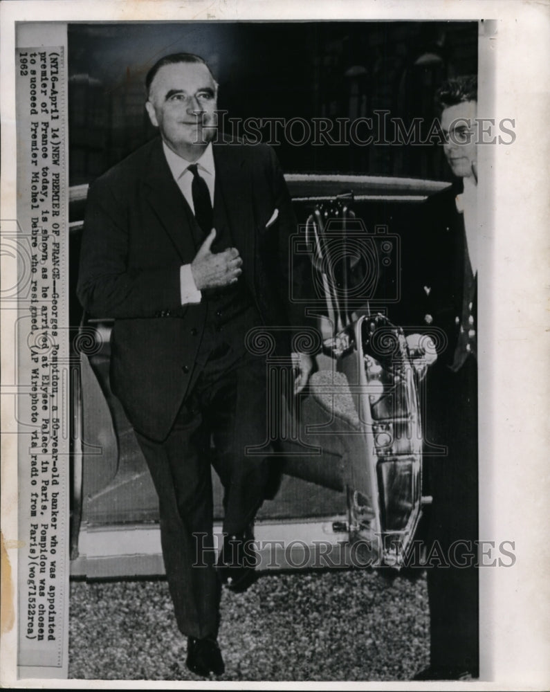 1962 Press Photo Pompidou is shown as he arrives at Elysse Palace in Paris - Historic Images