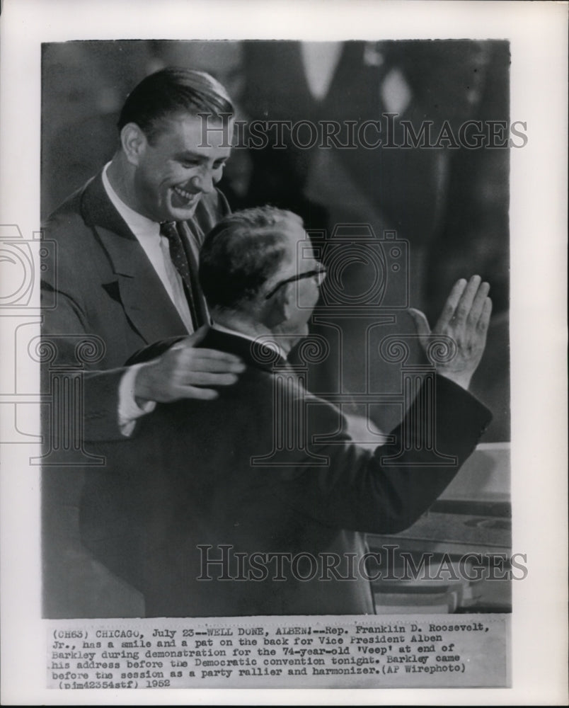 1952 Press Photo Rep. Roosevelt, Jr. with VP Barkley during demonstration - Historic Images