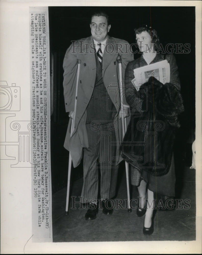 1950 Press Photo Rep. Roosevelt, Jr. supports himself with crutches - Historic Images