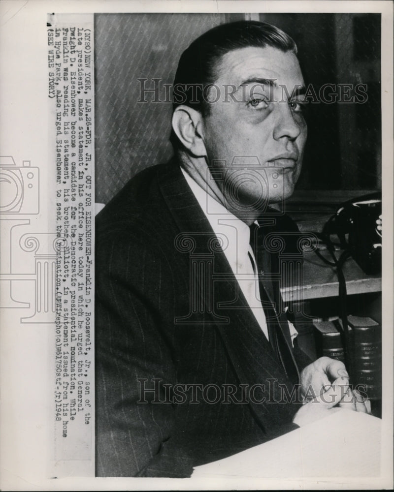 1948 Press Photo Franklin D. Roosevelt son of the late president makes statement - Historic Images