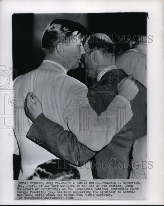 1952 Press Photo Franklin D. Roosevelt whispers in the ear of his brother, James - Historic Images
