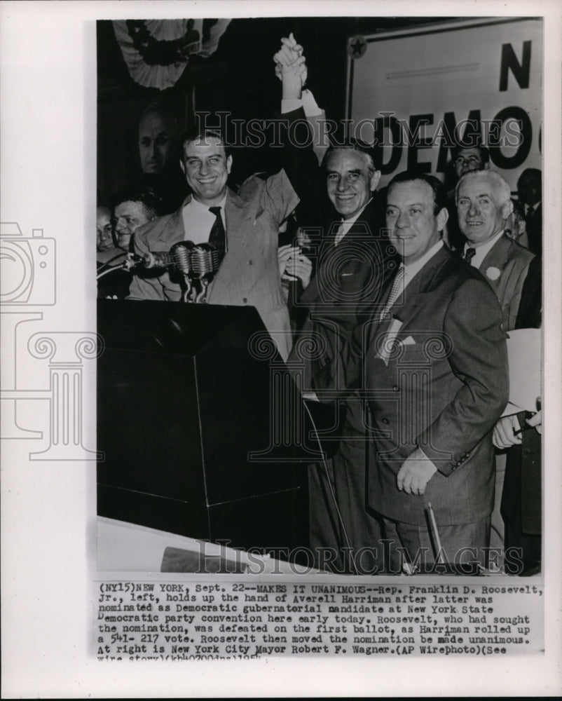 1954 Press Photo Rep. Franklin D. Roosevelt Jr. holds up the hand of Averell - Historic Images