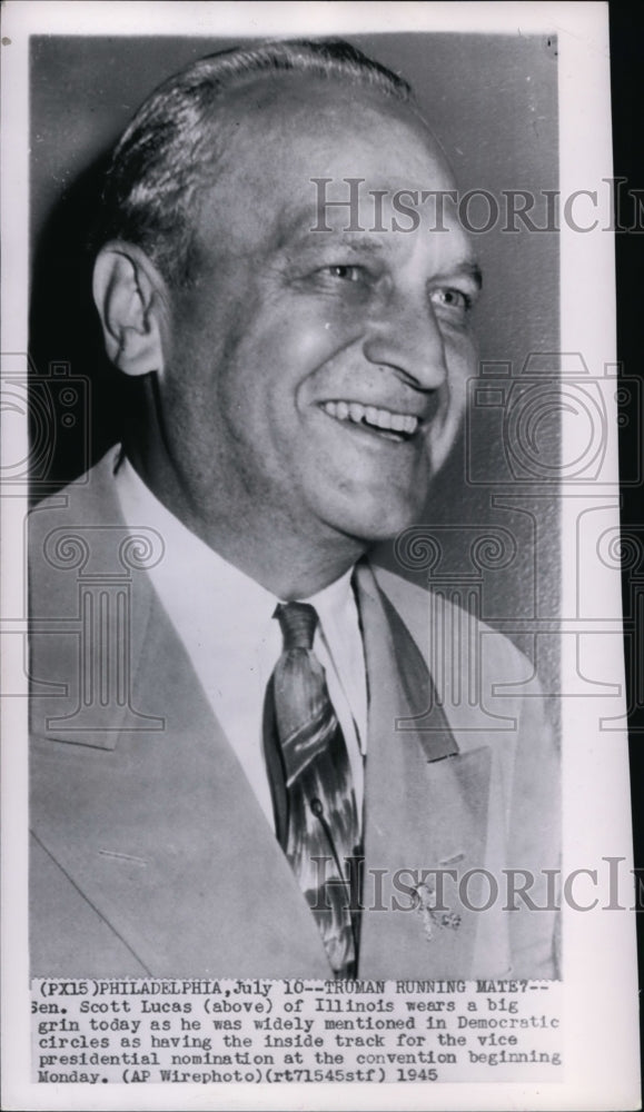 1945 Press Photo Sen. Scott Lucas wears a big grin as he was widely mentioned - Historic Images