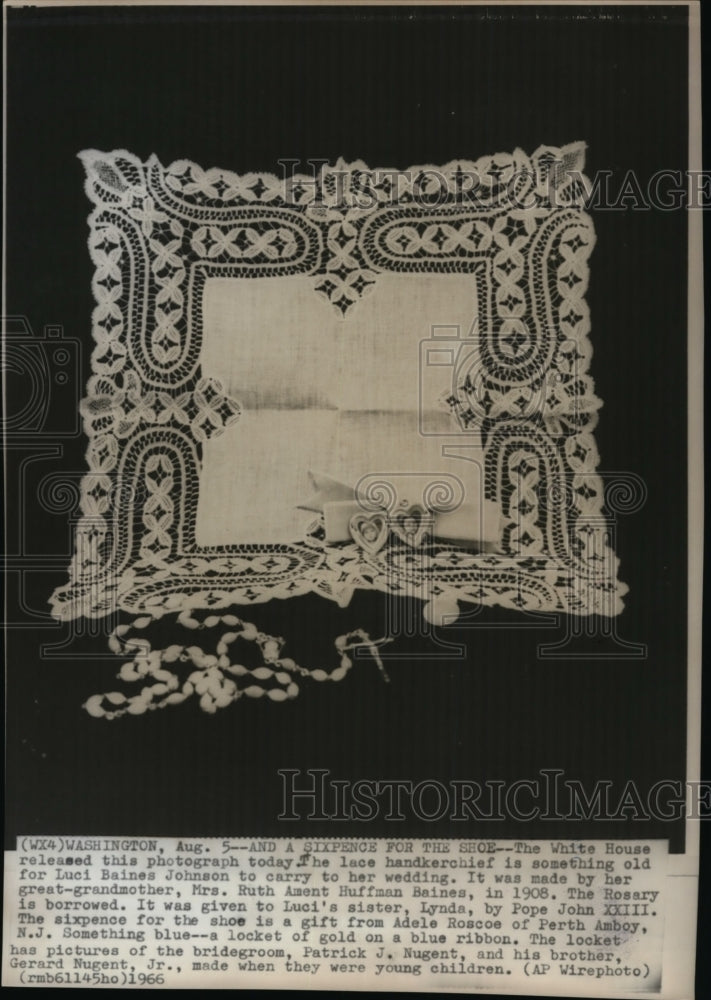 1966 Wire Photo Lace handkerchief for Luci Baines Johnson on her wedding - Historic Images