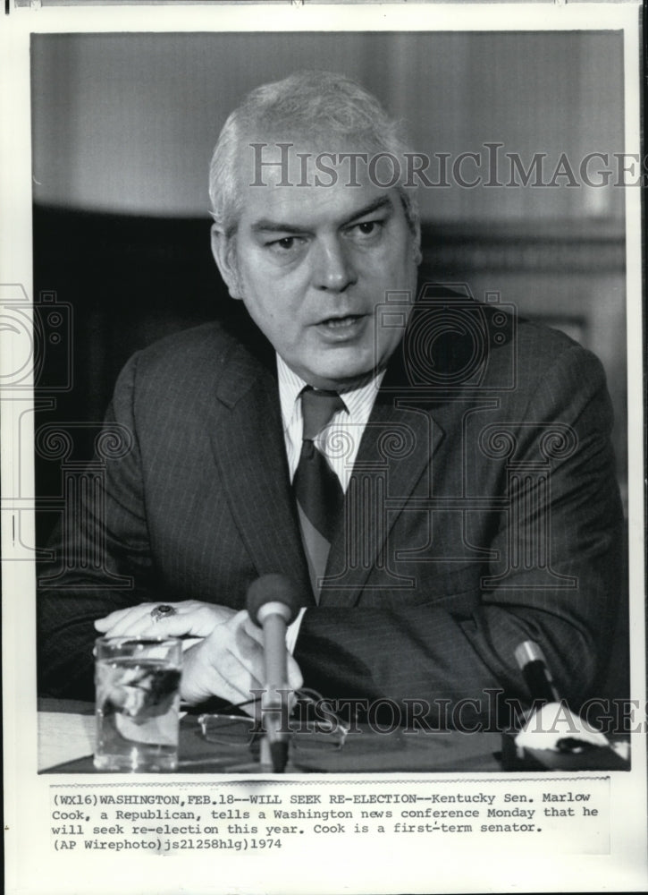 1974 Press Photo Kentucky Sen Marlow Cook will seek re-election - Historic Images
