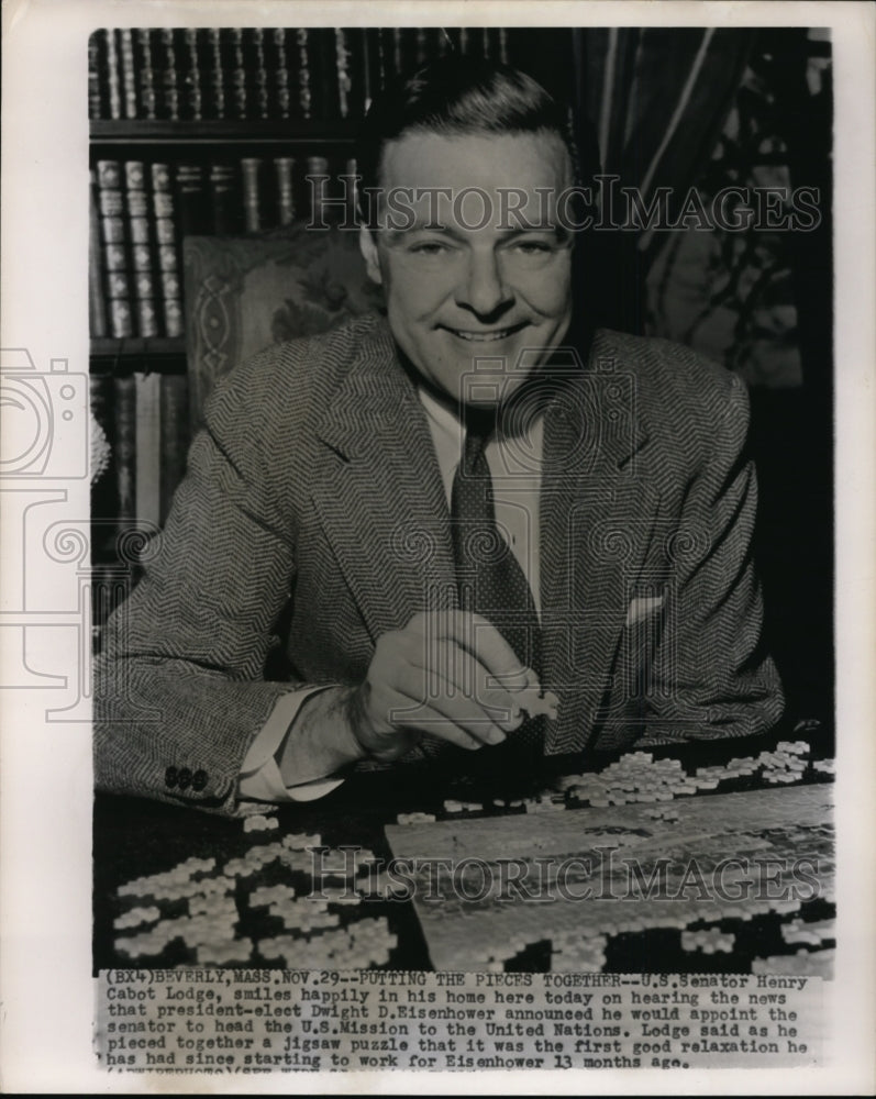 1952 Press Photo US Sen Henry Cabot Lodge, appointed US Mission to UN Head - Historic Images