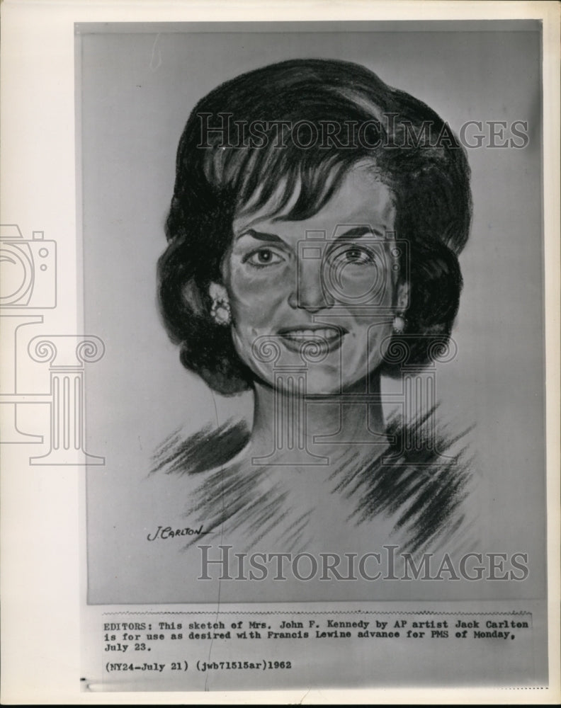 1962 Press Photo Sketch of Mrs. John F. Kennedy by AP Artist Jack Carlton - Historic Images