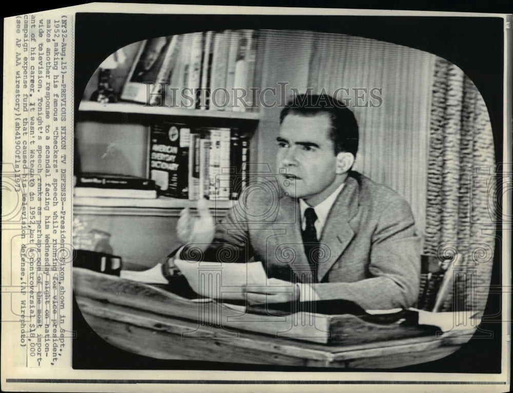 1973 Press Photo Pres. Nixon making his famous speech while running for V.Pres. - Historic Images