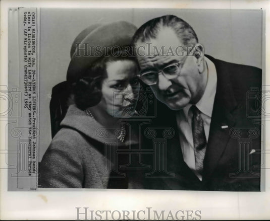 1965 Press Pres.Johnson Bends Closer to His Wife Watching the Inaugural Parade - Historic Images