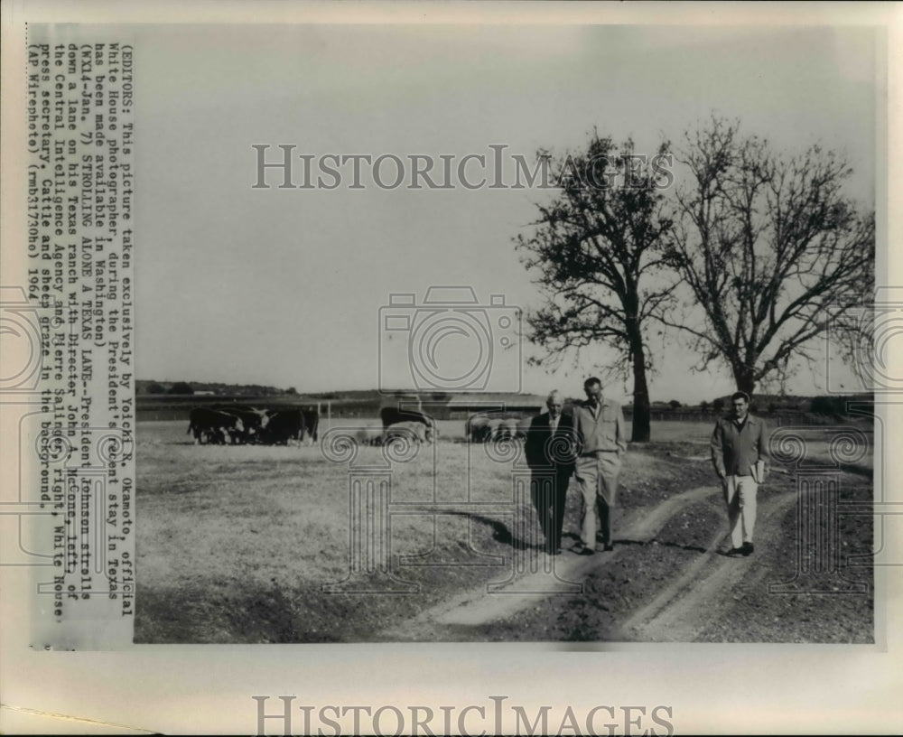 1964 Press Photo President Johnson strolls down a lane on his Texas Ranch - Historic Images