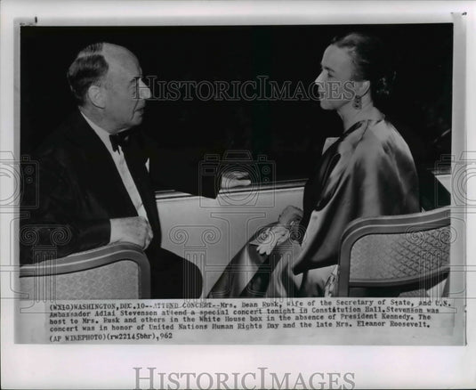 1962 Press Photo Rusk & Stevenson attend a concert in Constitution Hall - Historic Images
