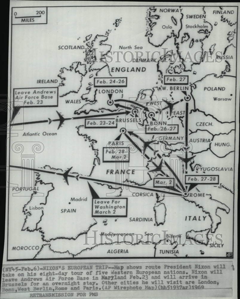 1969 Press Photo Map shows route President Nixon will take on his eight-day tour - Historic Images