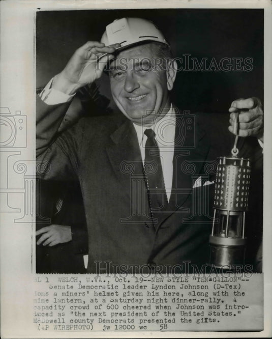 1958 Senate Democratic leader Lyndon Johnson wears a miners' helmet - Historic Images