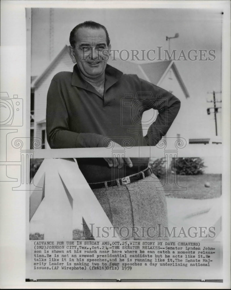 1959 Press Photo Sen Lyndon Johnson is shown at his ranch where he can catch - Historic Images