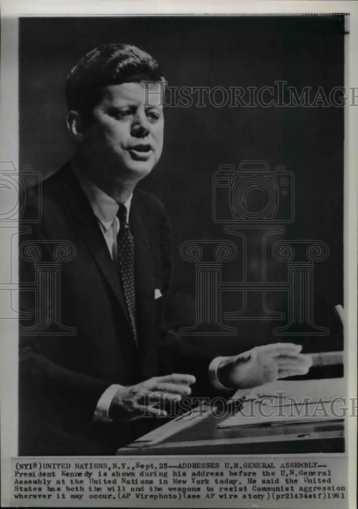 1961 Press Photo President Kennedy is shown during his address before the U.N. - Historic Images