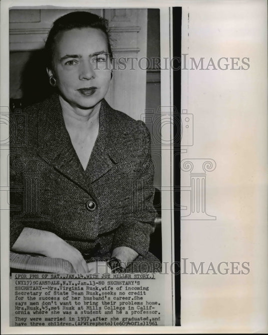 1961 Press Photo Mrs.Virginia Rusk wife of U.S. Secretary of State. - Historic Images