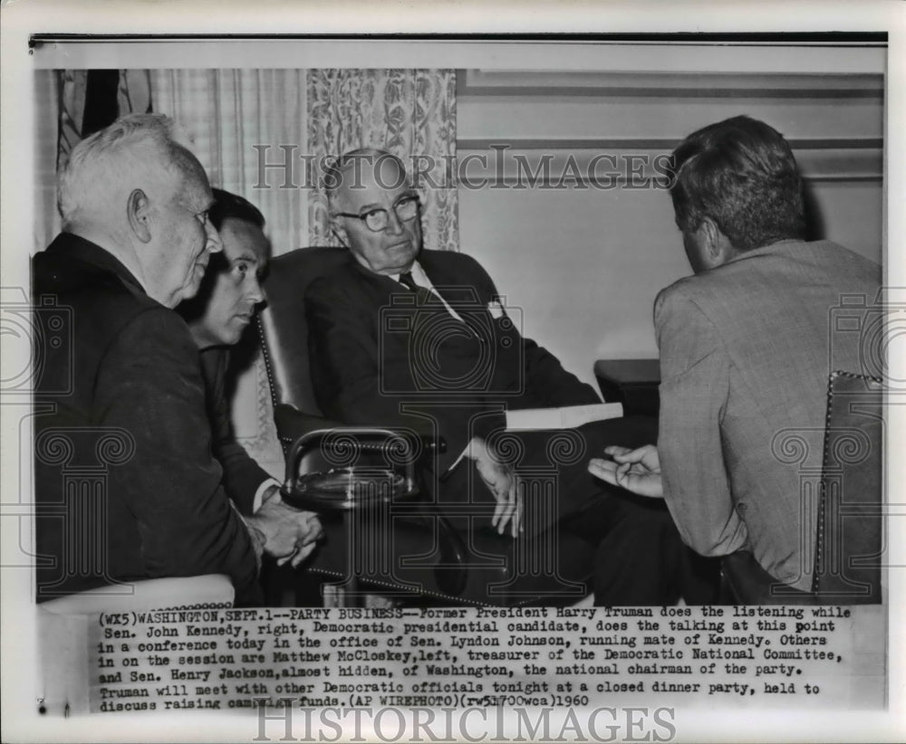 1960 Press Photo Ex-Pres Harry Truman listens to Sen John Kennedy in conference - Historic Images