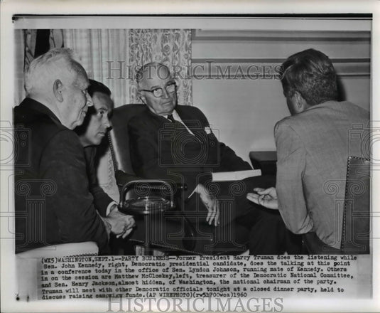 1960 Press Photo Ex-Pres Harry Truman listens to Sen John Kennedy in conference - Historic Images
