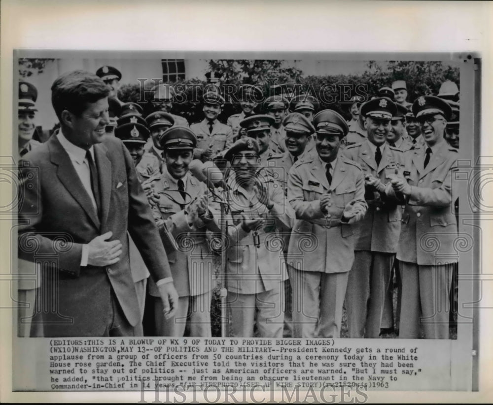 1963 Press Photo Kennedy gets applause to military officers at White House - Historic Images