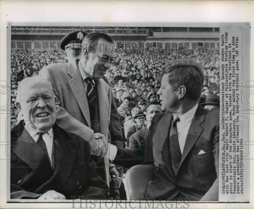 1961 Press Photo Mayor Wagner greets Pres. Kennedy at Philadelphia stadium - Historic Images