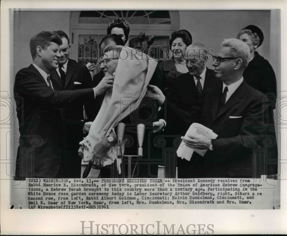 1961 Press Photo Kennedy receives Hebrew Torah from Eisendrath at White House - Historic Images