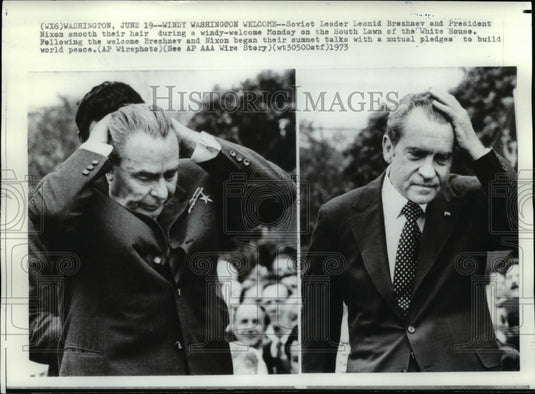 1973 Press Photo Pres.Nixon&Brezhnev welcome by winds at S. Lawn of White House - Historic Images