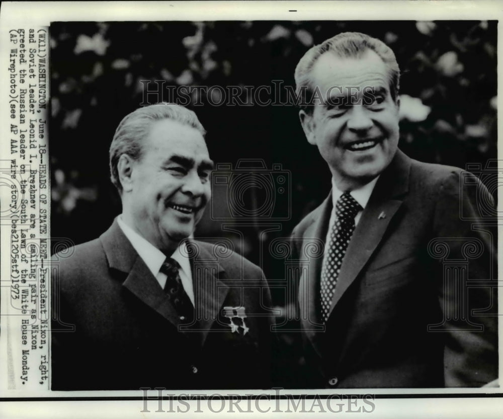 1973 Press Photo Pres. Nixon greets Brezhnev at South Lawn in White House - Historic Images