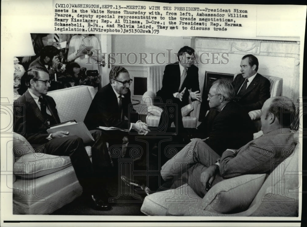 1973 Wire Photo Pres. Nixon&#39;s meeting with officials about trade legislation - Historic Images