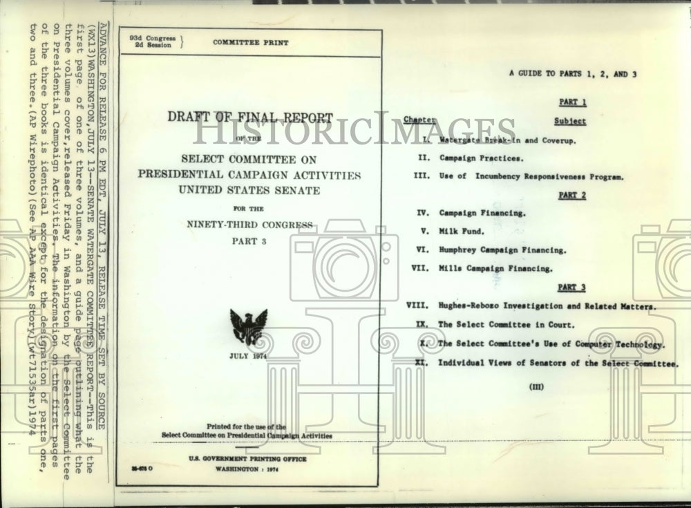 1974 Press Photo Senate Watergate Committee Report - Historic Images