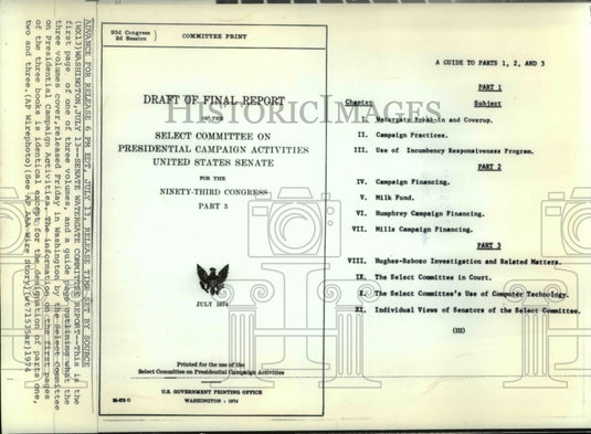 1974 Press Photo Senate Watergate Committee Report - Historic Images