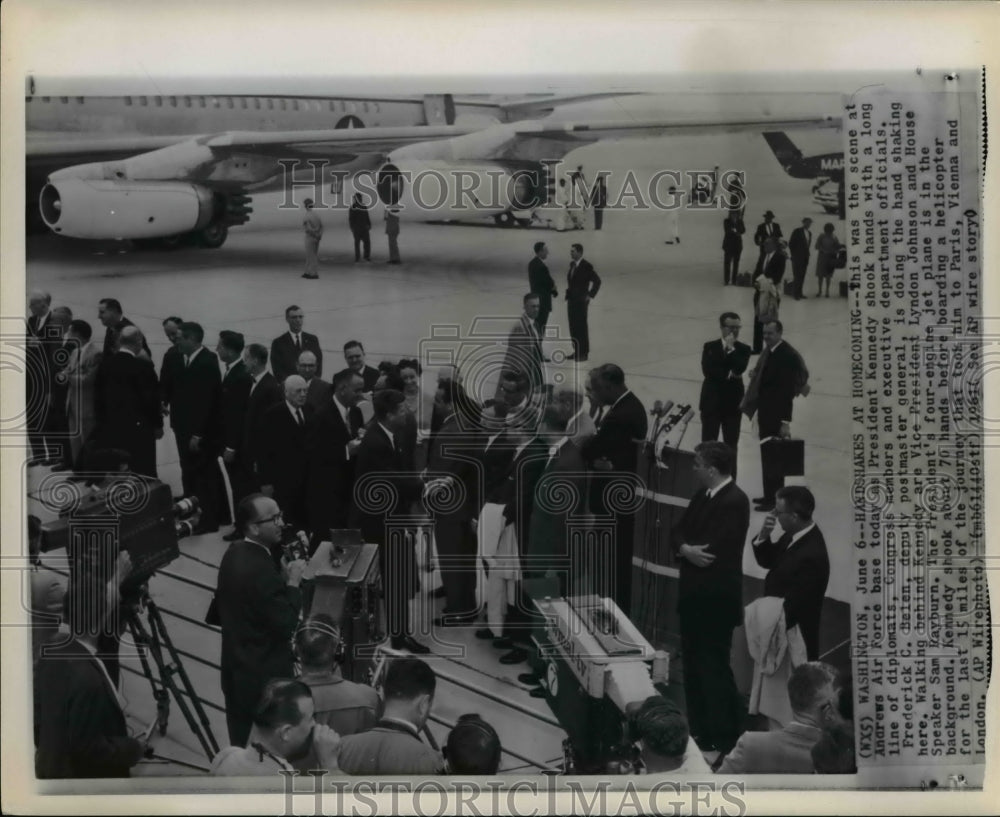 1961 Press Photo Pres Kennedy shook hands with diplomats at Andrews Air Base - Historic Images