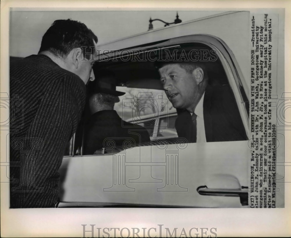 1960 Press Photo Kennedy talks with Dr. Walsh at Georgetown University hospital - Historic Images