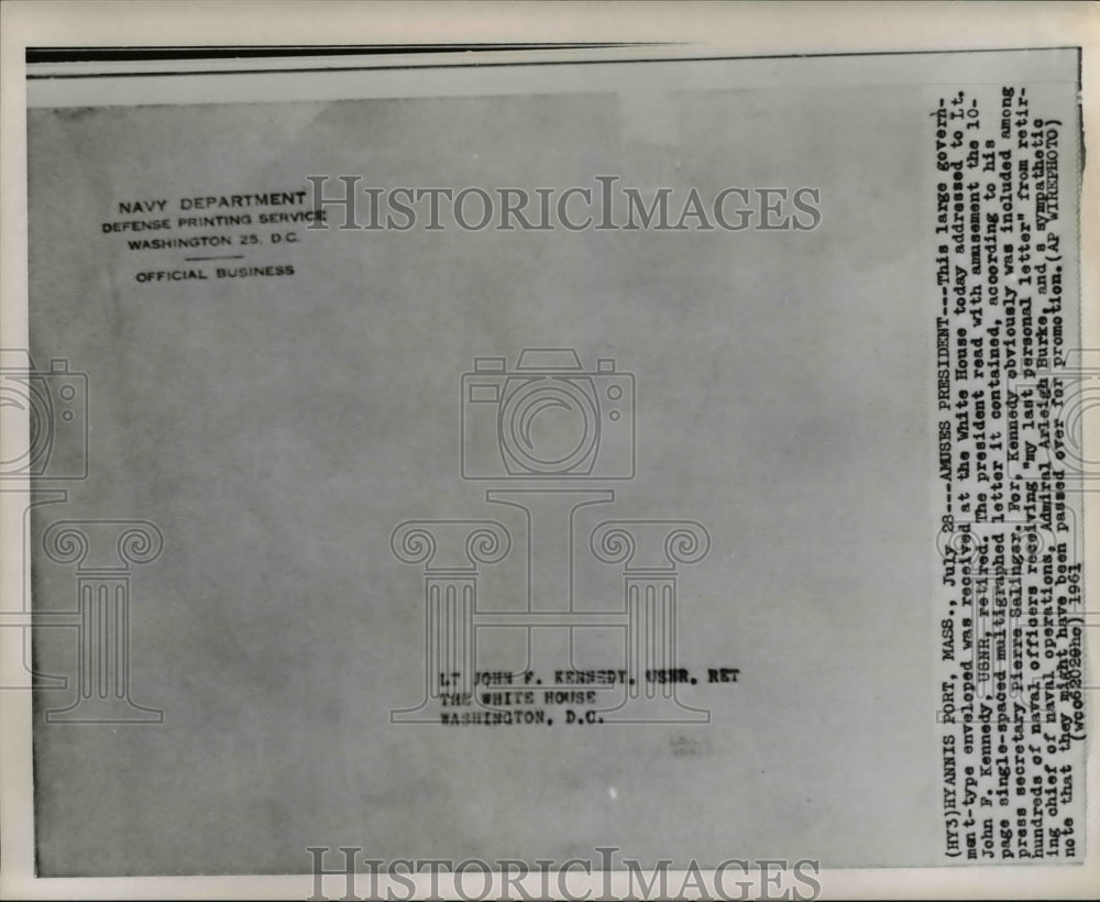 1961 Press Photo Letter addressed to Lt John F Kennedy, USNR to the White House - Historic Images