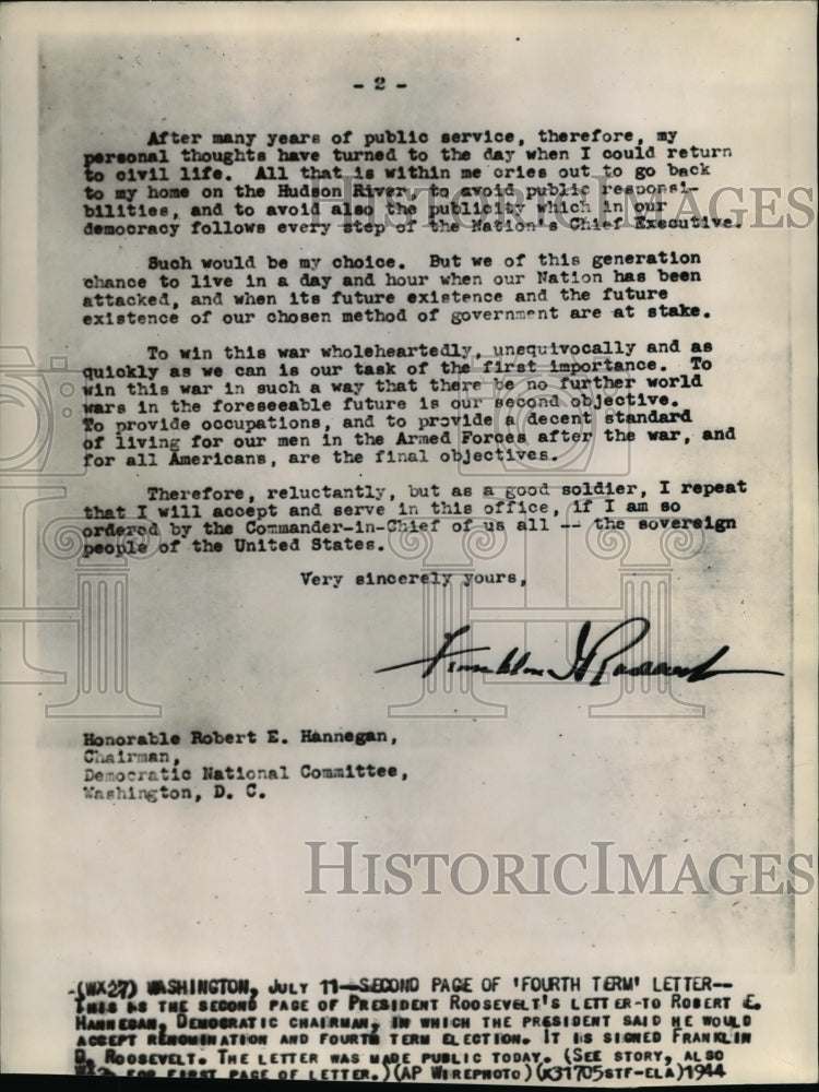 1944 Press Photo Second page of 'Fourth Term' Letter of Pres Roosevelt - Historic Images