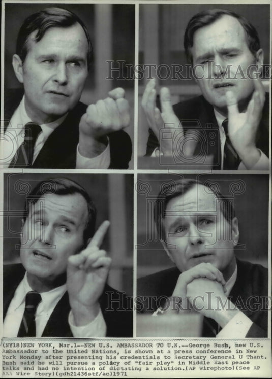 1971 Press Photo George Bush, new US Ambassador to UN at press conference in NY - Historic Images