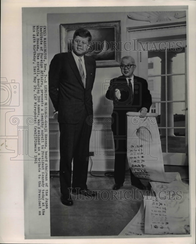 1961 Press Photo Gunji Hosono presents scroll to Pres Kennedy on his 44th Bday - Historic Images